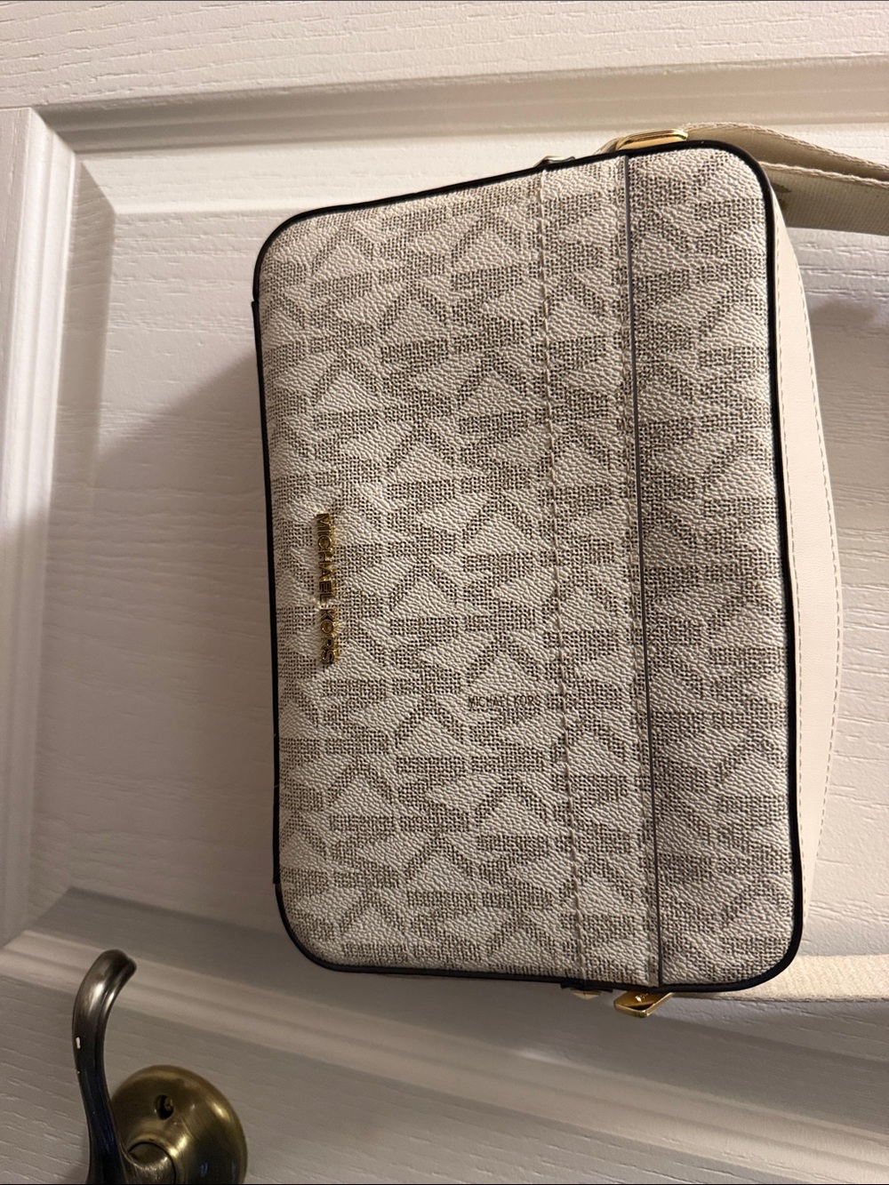 Michael Kors Cream Logo Print Crossbody with Gold Hardware